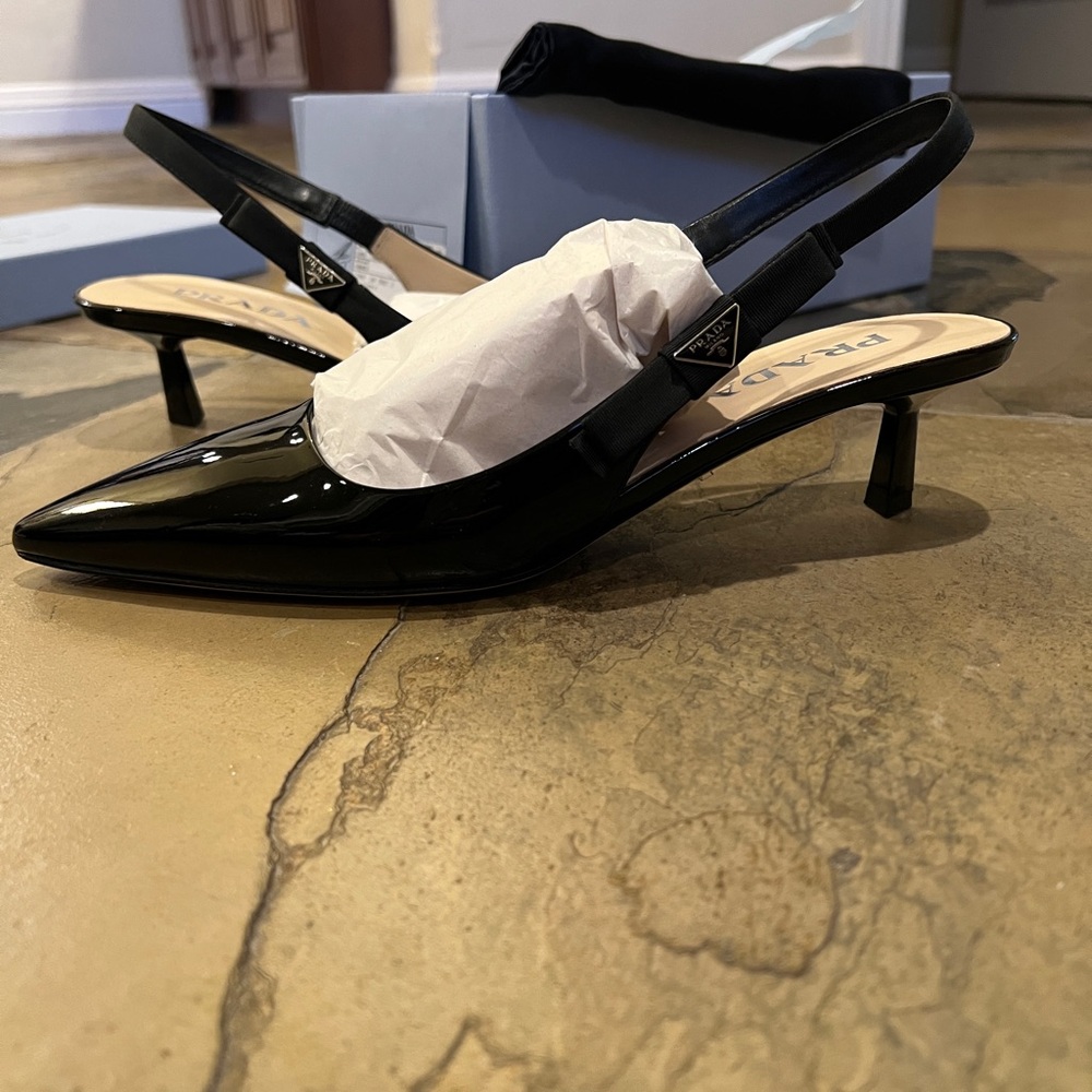 Prada Glossy Black Slingback Heels